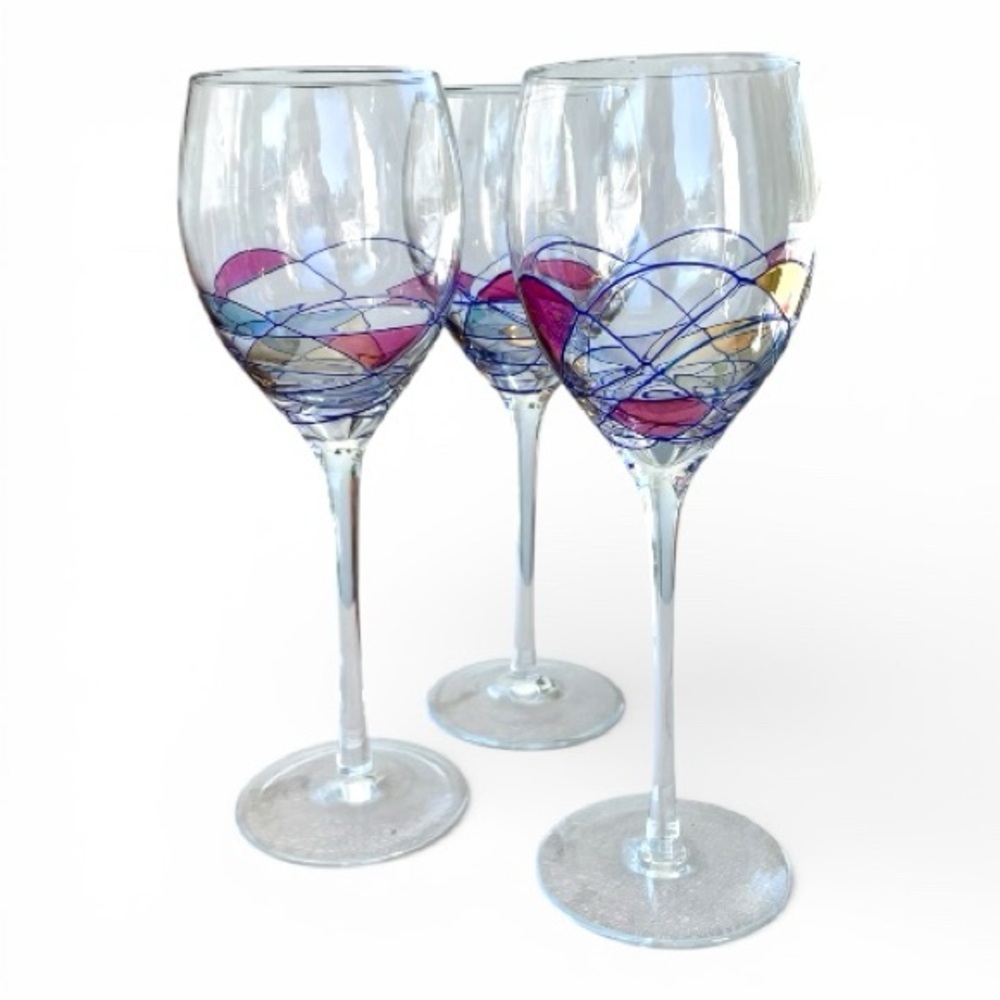 Partylite Calypso stained glass wine glasses, set of 3, one only has paint loss